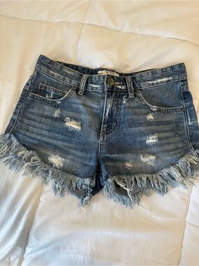 Free People Distressed Denim Fringe Hem Shorts - Blue
